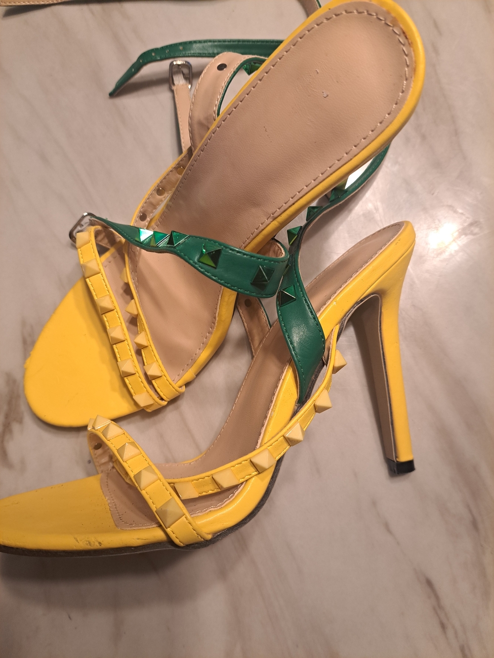 Yellow & Green Studded High Heel Sandals - Women's Dress Heels